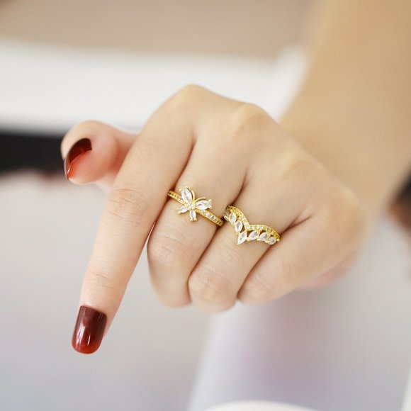 3/$35 Butterfly 18K Gold Plated Copper Open Ring Cubic Zirconia CZ Diamond - Picture 1 of 6